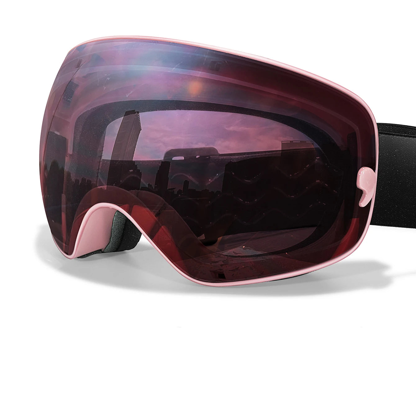 Pink ski goggles with interchangeable lenses on a white background