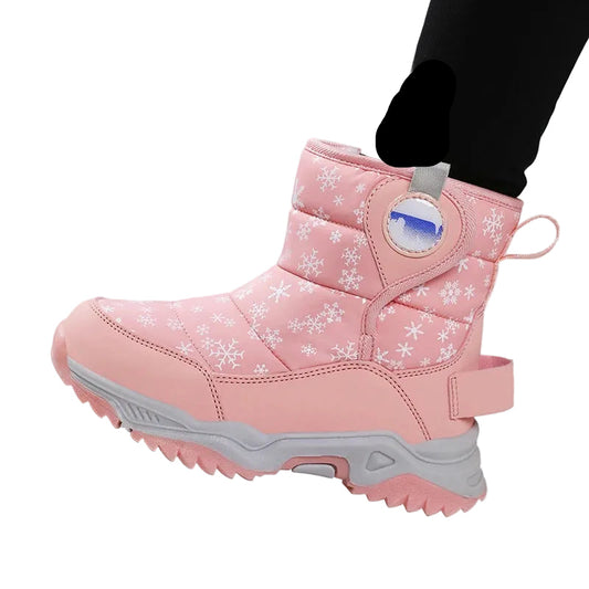 Pink snow boot with white snowflake pattern on a white background