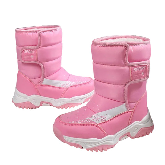 Pink winter boots with white soles on a white background