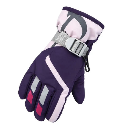 Purple and pink glove with a gray buckle on a white background