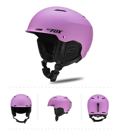 Purple helmet with black chin strap on a white background