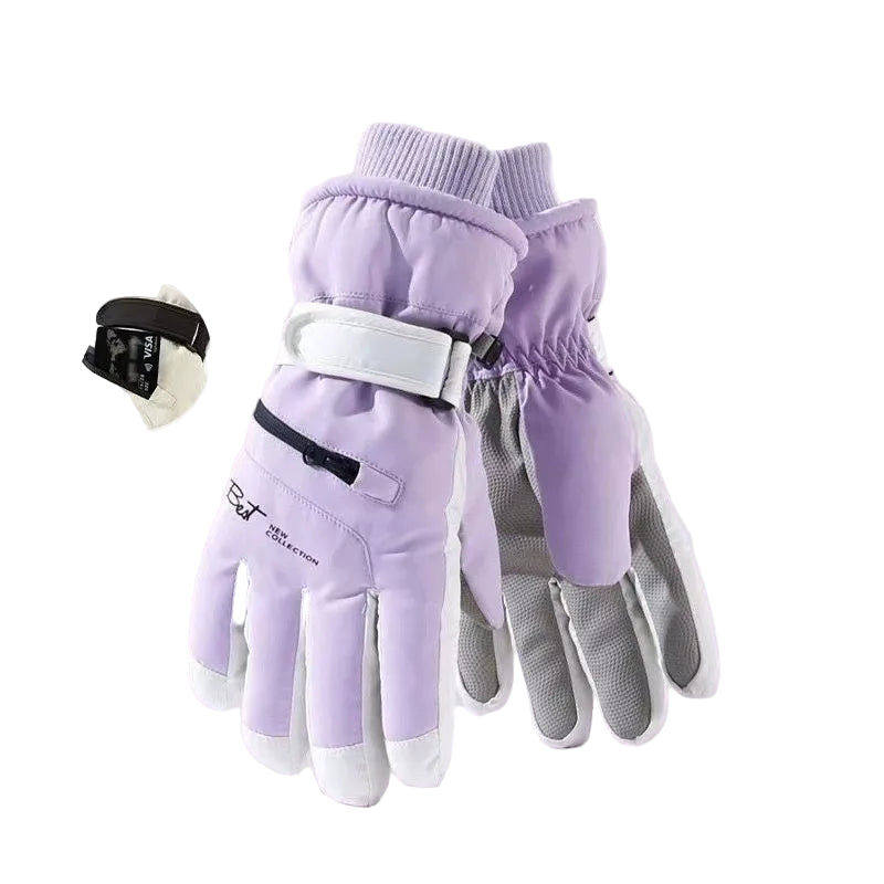 Purple skiing gloves with full palm touch screen on a white background