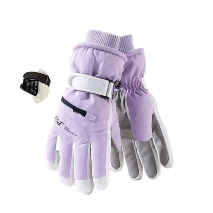 Purple skiing gloves with full palm touch screen on a white background