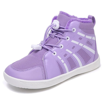 Purple sneaker with white laces and sole on a white background.
