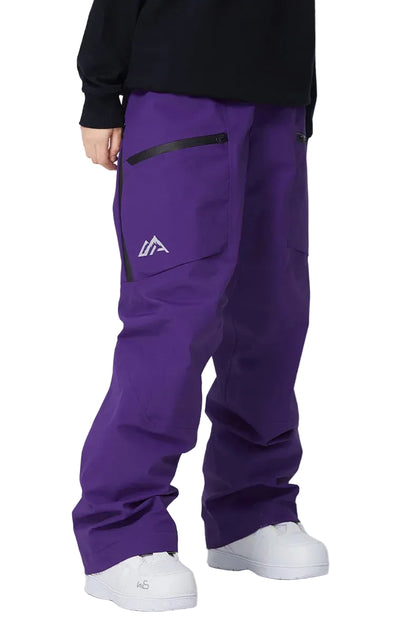 Purple snow pants with a logo on a white background