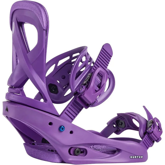 Purple snowboard binding on a white background