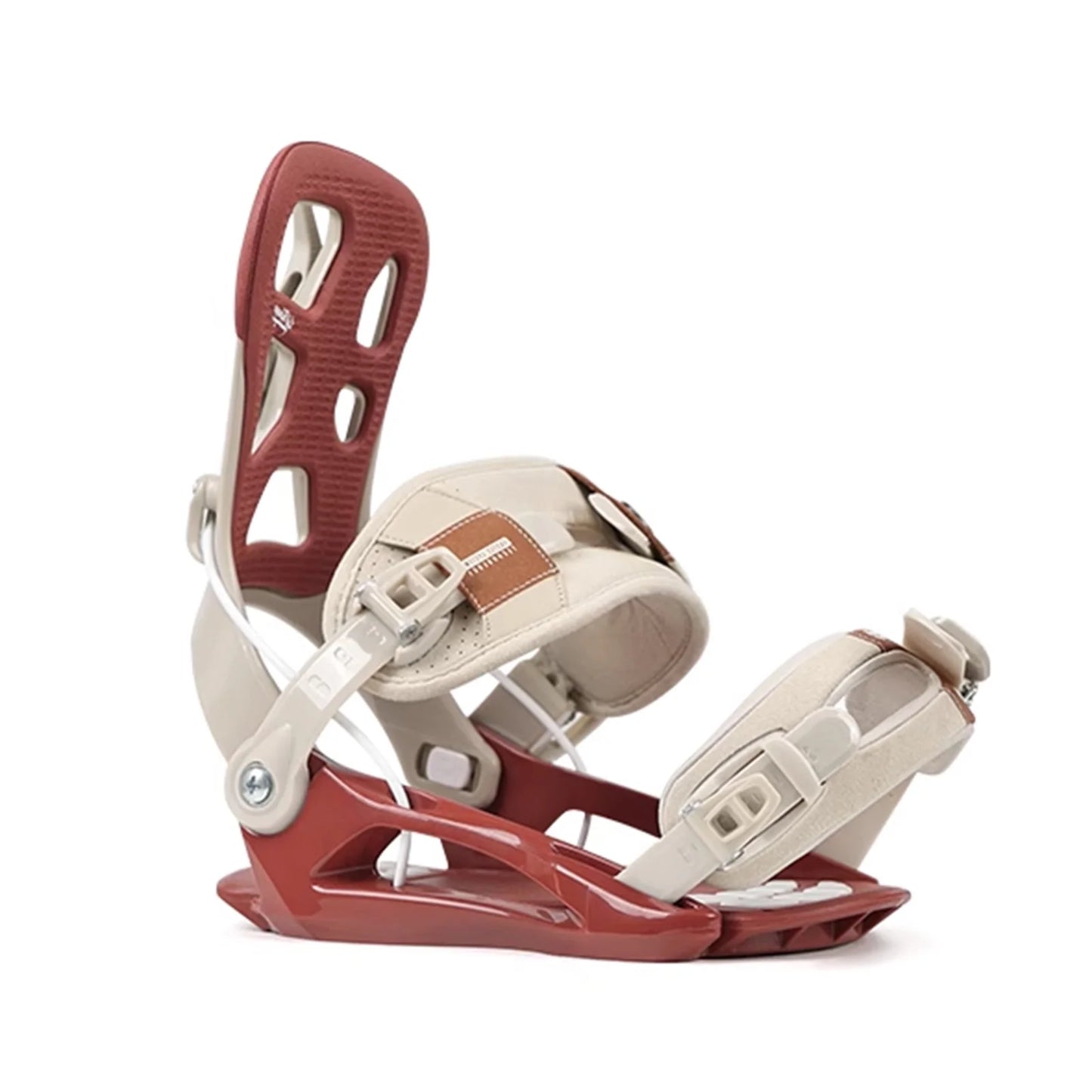 Red and beige snowboard binding on a white background