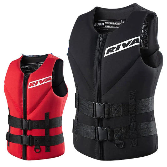 Red and black life jackets on a white background.