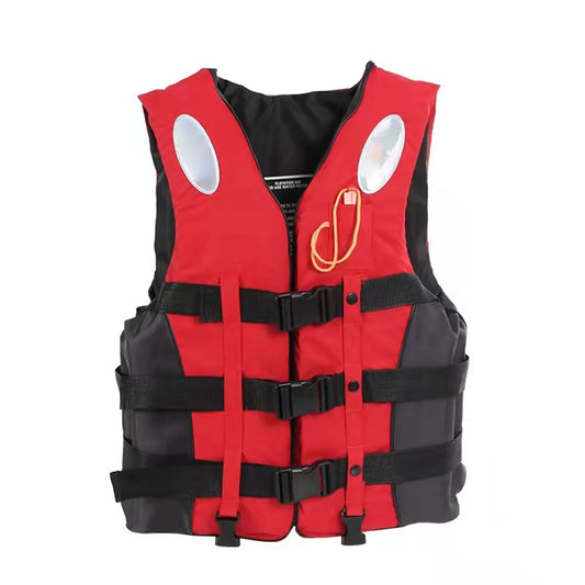 Red and black life vest on a white background