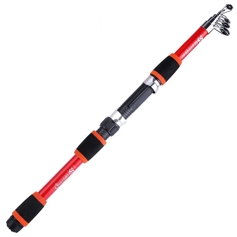Red and black telescopic fishing rod with a measurement label on a white background