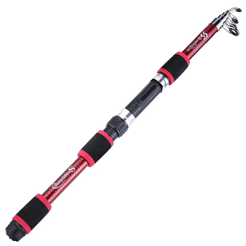 Red and black telescopic fishing rod with a measurement label on a white background