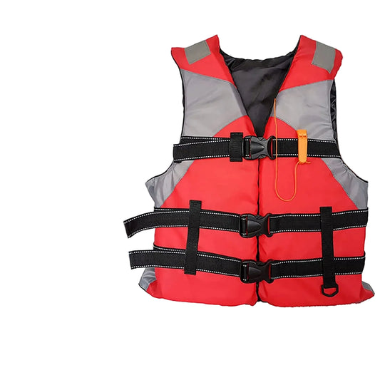Red and gray life jacket with white background