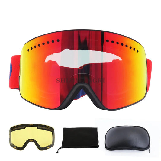 Red and orange ski goggles with additional lenses and case on a white background.