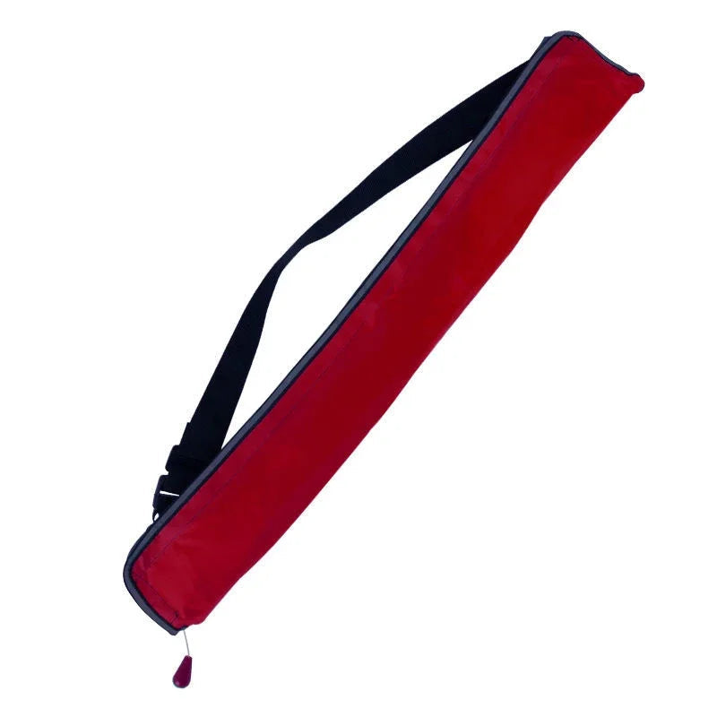Red bow case with a black strap on a white background