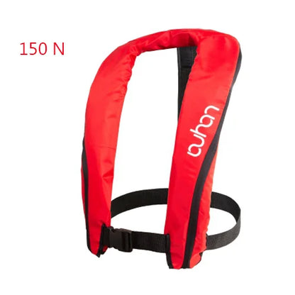 Red inflatable life jacket with black straps on a white background