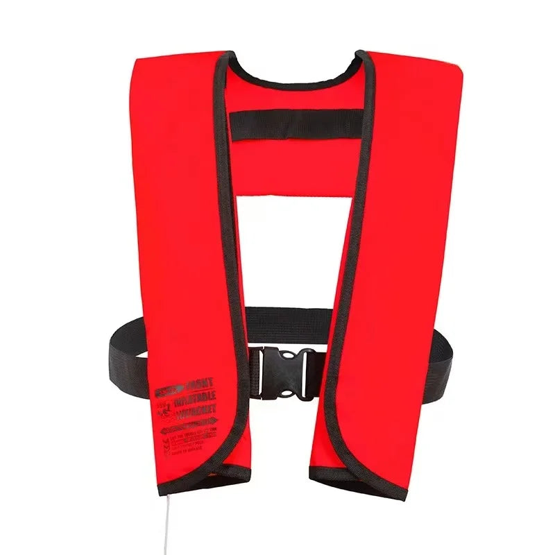 Red life jacket with black straps on a white background