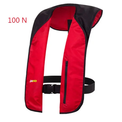 Red life jacket with black accents on a white background