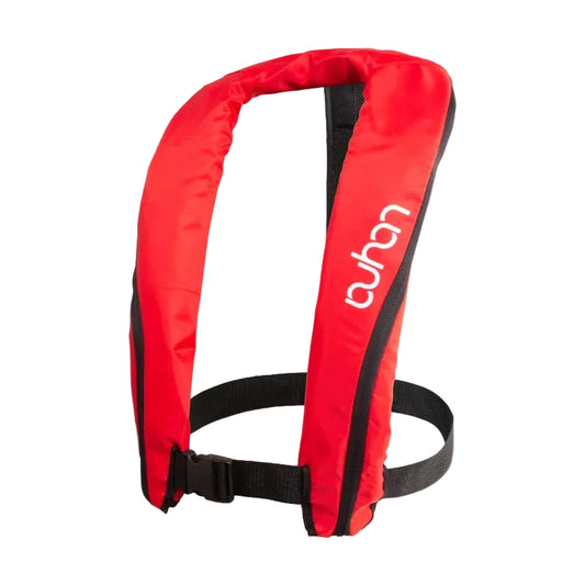 Red life jacket with black straps on a gray background.