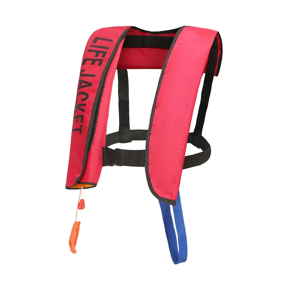 Red life jacket with black text on a white background