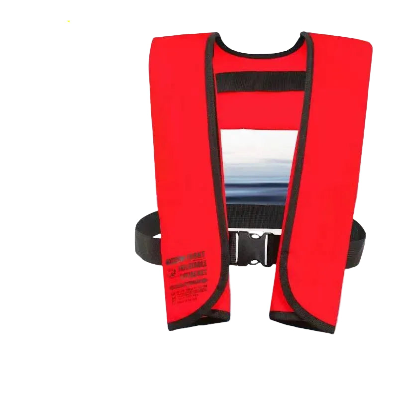 Red life vest with black trim on a water background.