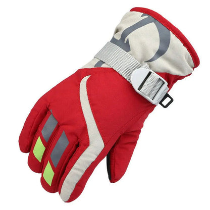 Red ski glove with gray and white accents on a white background