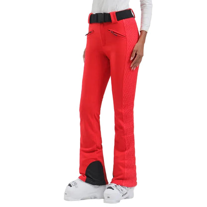 Red ski pants with a textured pattern on a white background