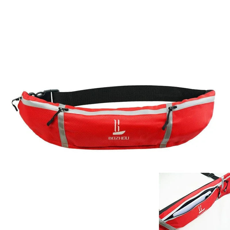 Red waist bag with black strap on a white background