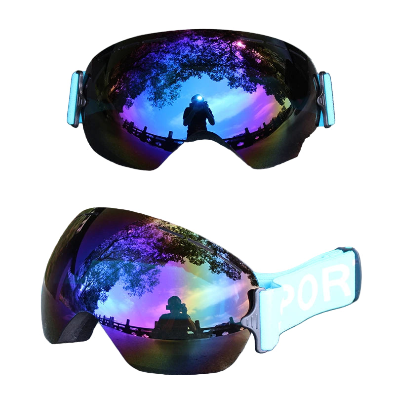Reflective goggles with a scenic background on a textured surface