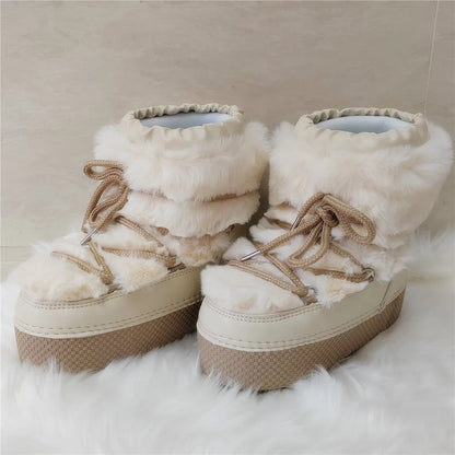 Women Platform Boots 2025 Winter Ski Boots Woman Non-slip PU Leather Waterproof Snow Boots Black Sponge Cotton Lined Ankle Boots