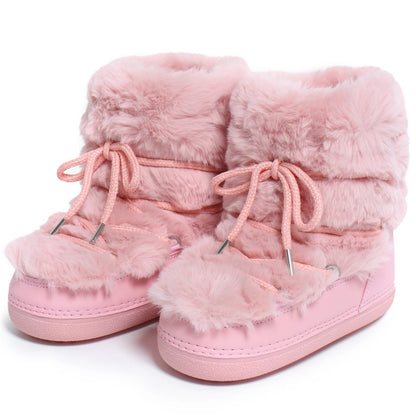 2025 Winter Snow Boots Women Ski Boots Luxury Fluffy Furry Fur Boots Female Rivets Warm Waterproof Platform Black Cotton Boots