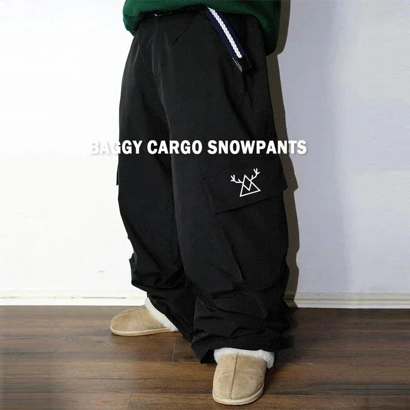Dollplus Men’s Cargo Ski Pants 2025 – Loose Baggy Snowboard Bib Overalls, Waterproof 3L Trousers