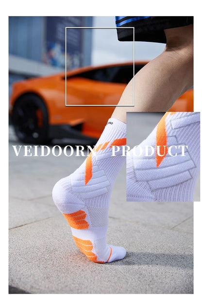 Veidoorn High Quality Sport Socks for Men Mid Calf Length Running Basketball Socks Thicken Non Slip Camping Cycling Stocking