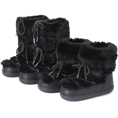 2025 Winter Snow Boots Women Ski Boots Luxury Fluffy Furry Fur Boots Female Rivets Warm Waterproof Platform Black Cotton Boots