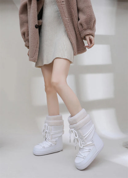 2025 Winter Snow Boots Women Boots Brand Design Fluffy Furry Fur Boots Waterproof Platform Non-slip Lace-up Mid-calf Ski Boots