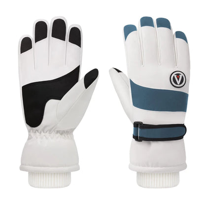 Pair of white gloves with black and blue accents on a white background
