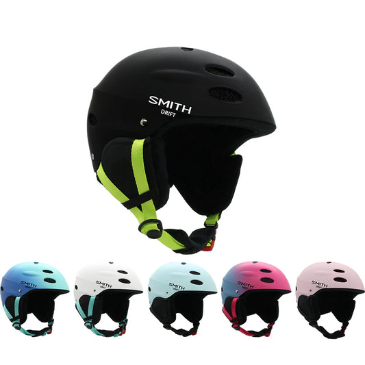 Set of Smith brand helmets in various colors on a white background