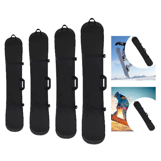 Set of black snowboard bags with images of a snowboarder and a snowboard on a white background.