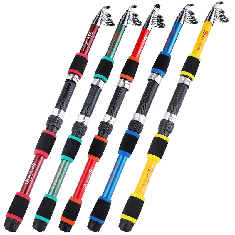 Set of five colorful telescopic fishing rods on a white background.