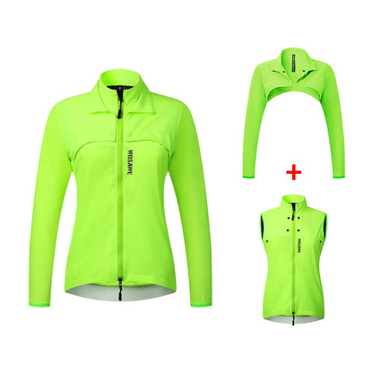 Set of neon green jackets and a vest on a white background