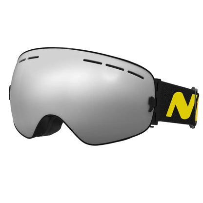 Silver ski goggles with a black strap featuring a yellow 'N' logo on a white background