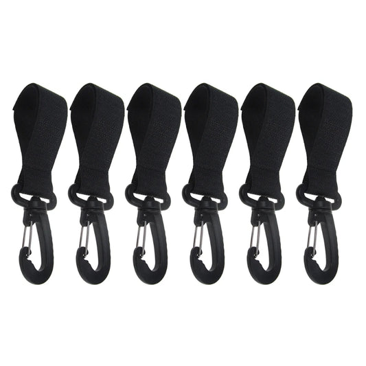 Six black lanyards with carabiners on a white background
