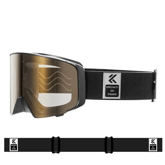 Ski goggles with a black strap on a white background.
