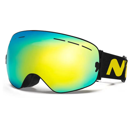 Ski goggles with a yellow and blue gradient lens on a white background