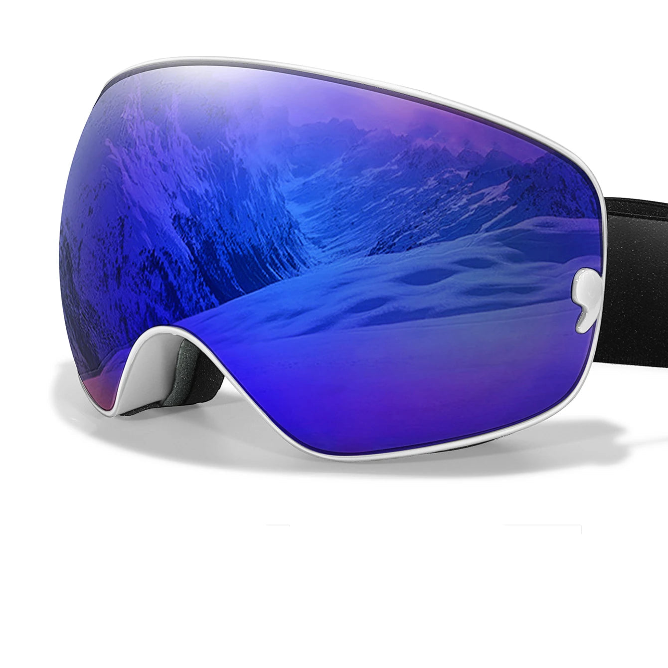 Ski goggles with blue lens, night-vision lens, and inside optical frame on a white background