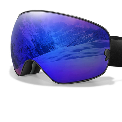 Ski goggles with blue reflective lens, night-vision lens, and inside optical frame on a white background