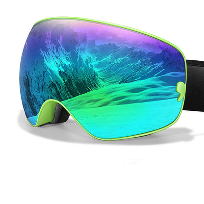 Ski goggles with colorful lens and additional lenses displayed below on a white background