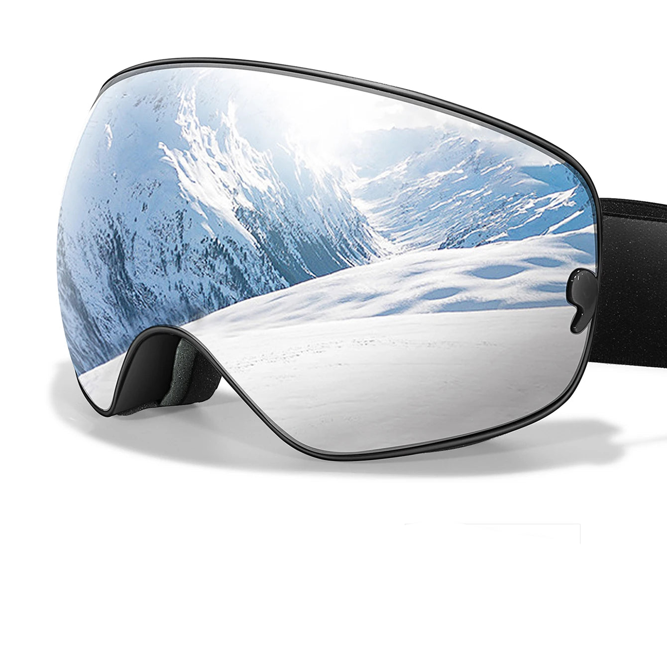 Ski goggles with mountain view and additional lens and frame components on a white background