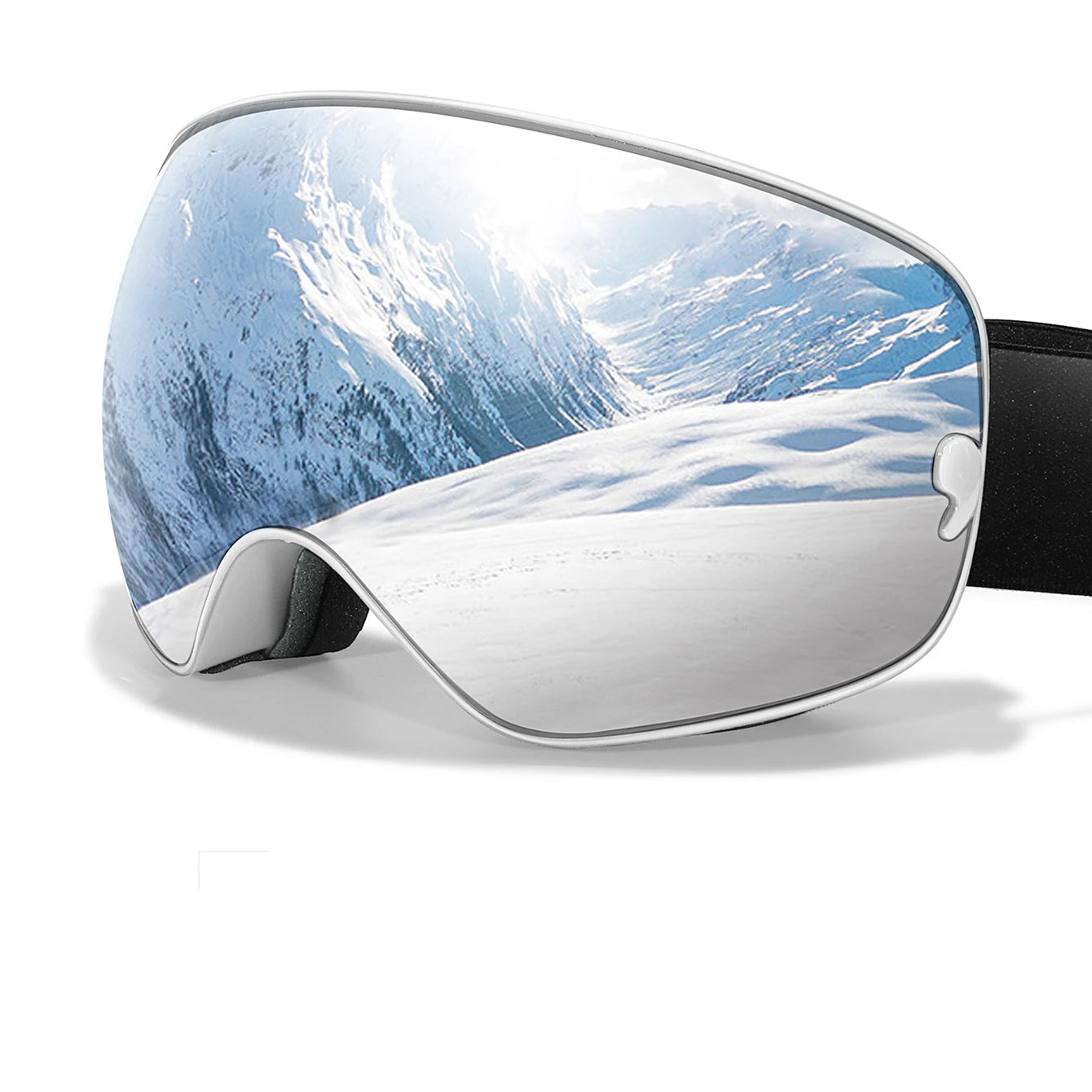 Ski goggles with mountain view on lens, night-vision lens, and inside optical frame shown below.