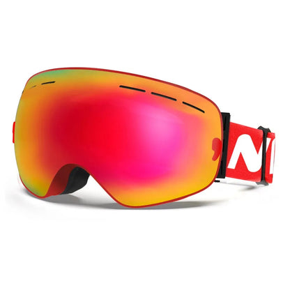 Ski goggles with red and orange lens on a white background