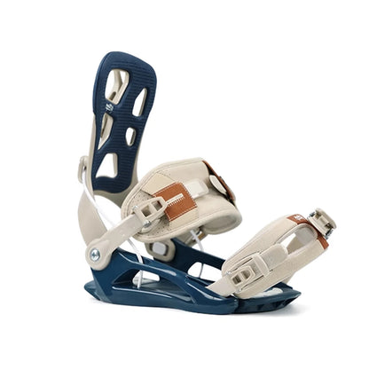 Snowboard binding with blue and beige design on a white background